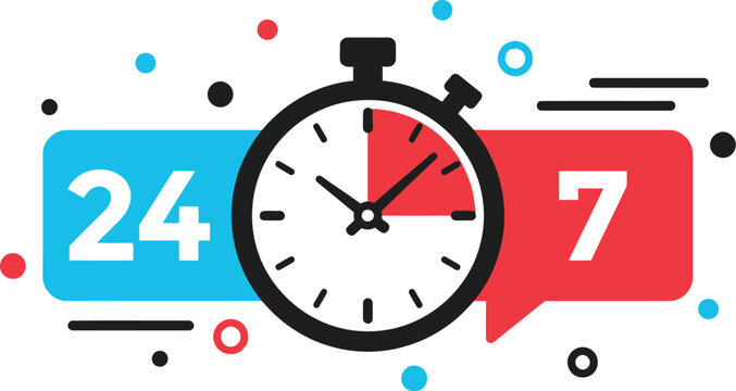 Stopwatch icon displaying twenty four seven service availability with vibrant blue and red speech bubbles
