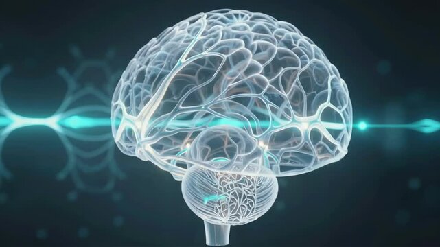 Glowing holographic brains with interconnected neurons and light beams.