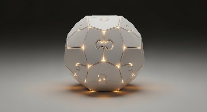 Geometric dodecahedron sphere with glowing internal lights in a minimalist studio setting, futuristic abstract design high resolution image