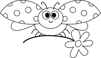 Cute ladybug with polka-dotted wings perches near a flower. Big eyes and a smile give cheerful, friendly vibes. Perfect for children's books, coloring pages, or classroom materials © Sunshine Studio