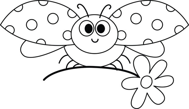 Cute ladybug with polka-dotted wings perches near a flower. Big eyes and a smile give cheerful, friendly vibes. Perfect for children's books, coloring pages, or classroom materials