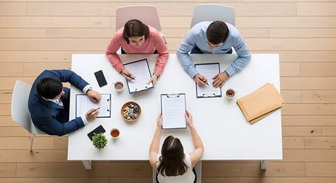 Job Interview - Overhead View of Candidates and Interviewers at Table