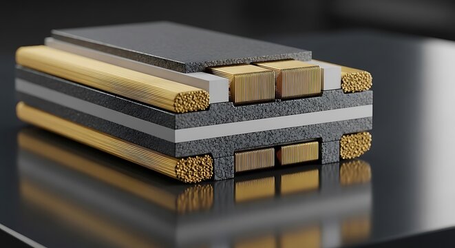 Microchip cross section showing layered semiconductor architecture with gold connectors in a studio setting high resolution image