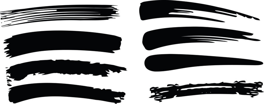 black ink brush strokes set hand drawn textured paint grunge underline banners elements artistic calligraphic smudge isolated design component backdrop graphic