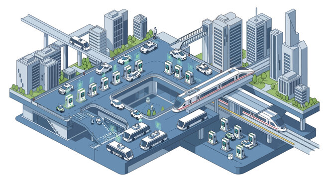 Isometric city transport infrastructure and urban mobility network.