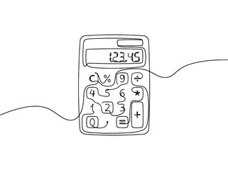 Obraz premium Simple continuous line drawing of a calculator with numbers 12345 and symbols for business