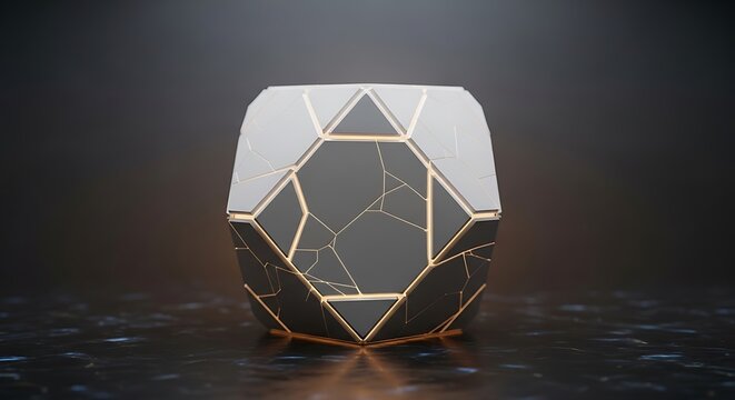 Geometric dodecahedron sculpture with gold kintsugi cracks on a dark reflective surface in a minimalist studio setting high resolution image
