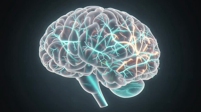 Illuminated brains with neural pathways highlighted in vibrant colors.