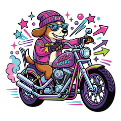 Obraz premium retro Y2K cartoon vector, cool dog riding motorcycle with chrome details.eps