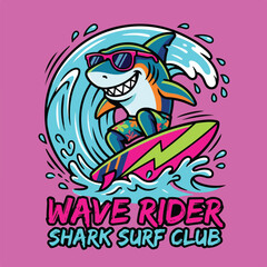 Fototapeta premium bold vector illustration of a cool surfing shark for t-shirt print design. Stylish shark riding a surfboard.eps