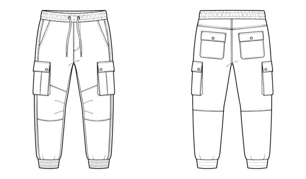 Cargo jogger sweat pants technical flat vector CAD mockup template for unisex fashion