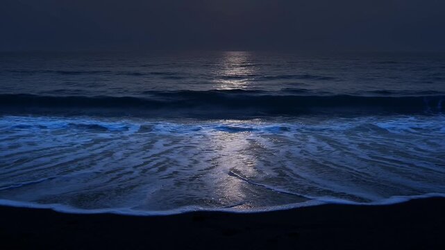 Glowing ocean waves at nighttime beach.