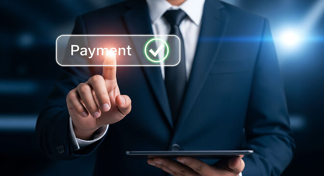 Businessman pressing payment button on virtual screen processing secure transaction online