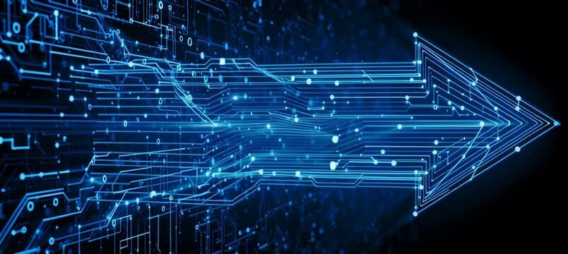 a digital abstract background featuring a complex network of glowing blue lines, dots, and geometric shapes, reminiscent of a circuit board or futuristic data flow Generative AI