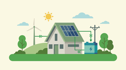 Naklejka premium Eco-friendly house with solar panels and wind turbine on World Environment Day promoting sustainability