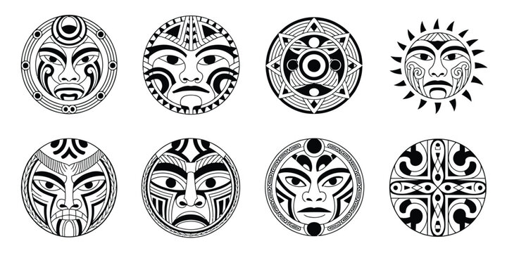 Collection of tribal maori masks and sun symbols vector illustrations isolated on a white background for ancient culture designs
