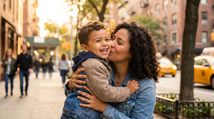 Fototapeta premium Affectionate mother hugging small son tightly from behind, with gentle smile kissing his cheek, standing on busy sidewalk, city street with taxi background, family portrait