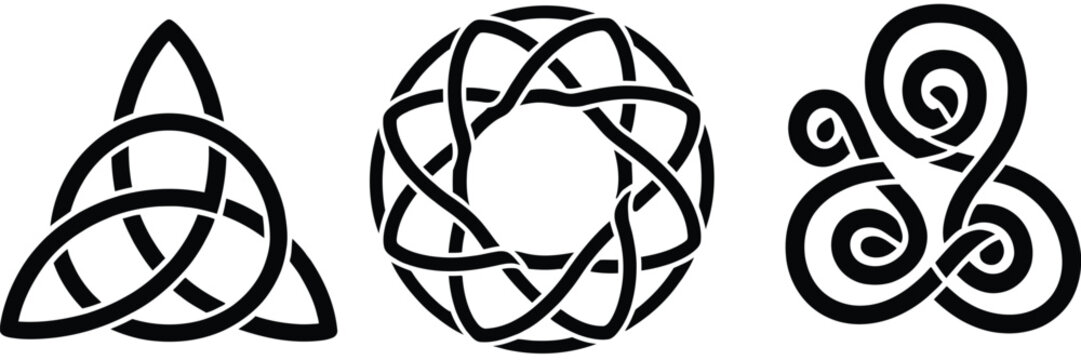 Celtic knot vector symbols set featuring triquetra triskele and circular geometric pagan ornaments isolated on a white background illustration