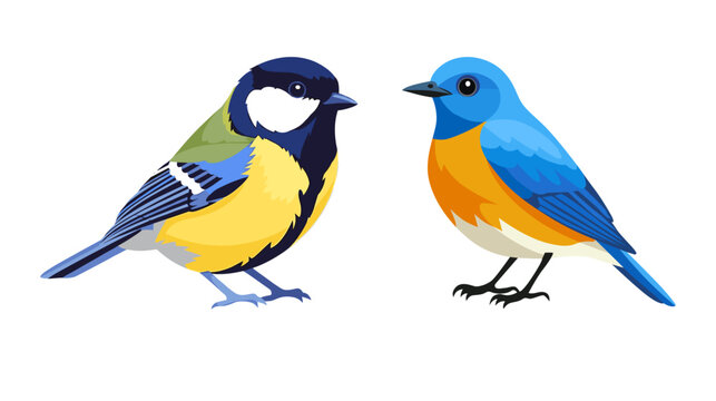 Two diverse songbirds a great tit and an eastern bluebird white background backyard bird small bird different species songbird wildlife standing