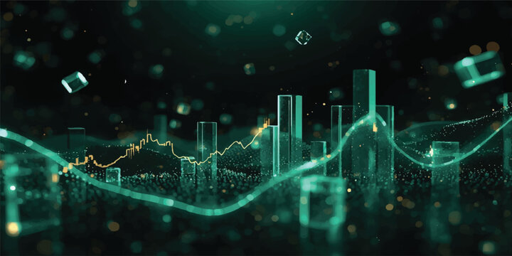 A digital illustration of a DNA molecule model against an abstract blue background featuring medical data graphs, science wave patterns, and computer network lines representing technology and energy