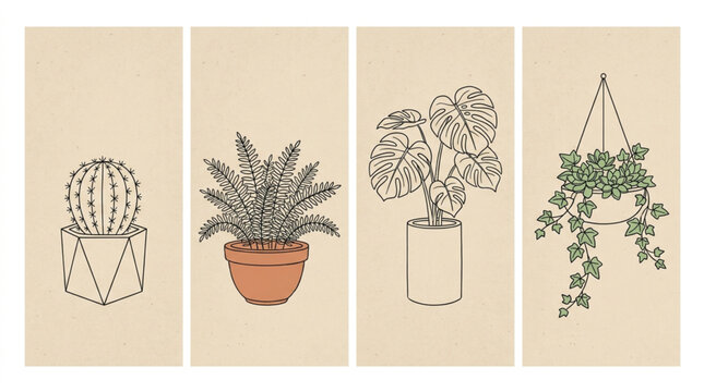 Four potted plants in minimalist line art style.
