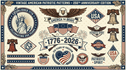 Vintage American Patriotism 250th Anniversary Celebration Icons and Patterns © Rishi