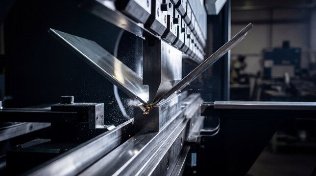 Close-up of a modern press brake machine precisely bending a metal sheet. Essential for industrial manufacturing and metal fabrication