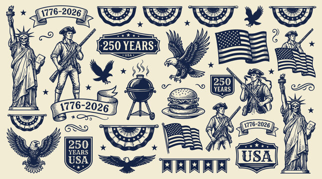 US Independence Day Symbols Collection Statue of Liberty, Eagles, and Patriotic Graphics