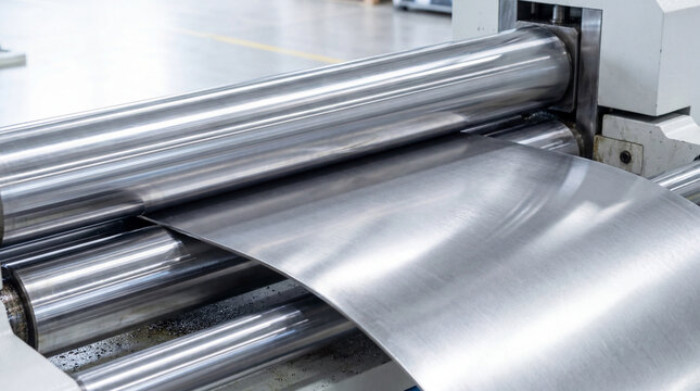 Close-up of stainless steel sheet metal being fed through rolling machinery in a modern industrial factory. Precision manufacturing
