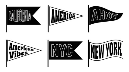Collection of Pennants with Text and Designs for Travel and Patriotic Themes © Rishi