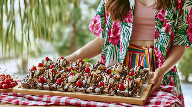 Woman holding wooden tray with chocolate brownies topped with fresh raspberries and chocolate