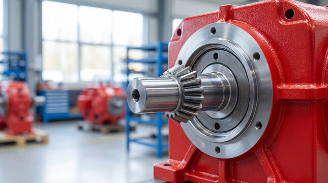 Close-up of a red industrial gearbox with a gear shaft in a factory setting. High-precision machinery for manufacturing and engineering