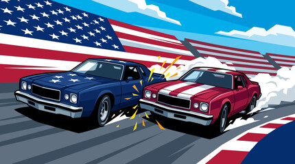 Exciting vintage auto racing scene two classic cars collide on a patriotic circuit under a vast American flag © Rishi