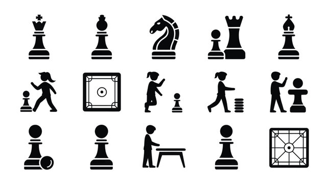 Set of 15 Black Chess and Board Game Vector Icons
