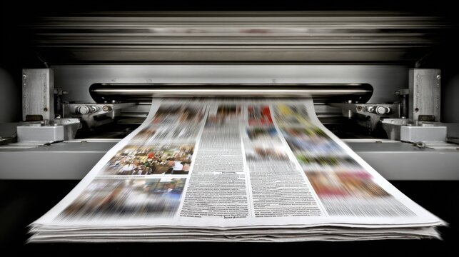 High-speed newspaper printing press producing daily news editions. Modern publishing machinery with motion blur, paper sheets and mass media production concept