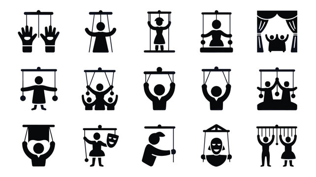 Set of 15 Black Puppet and Marionette Control Icons Vector