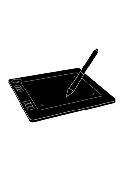 Digital graphics tablet with stylus pen on white background