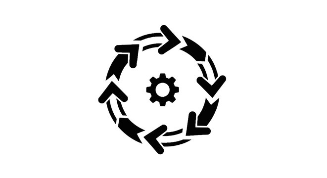 Gear surrounded by circular arrows symbol.