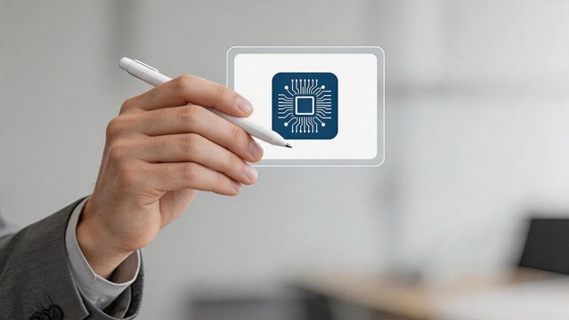 Hand holding stylus pen drawing microchip processor icon on virtual screen, semiconductor technology, artificial intelligence cpu design, electronic engineering circuit board,