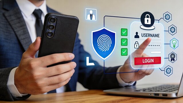 Man holding smartphone with secure login screen, biometric fingerprint authentication, cyber security shield protection, password entry, identity verification, data privacy and