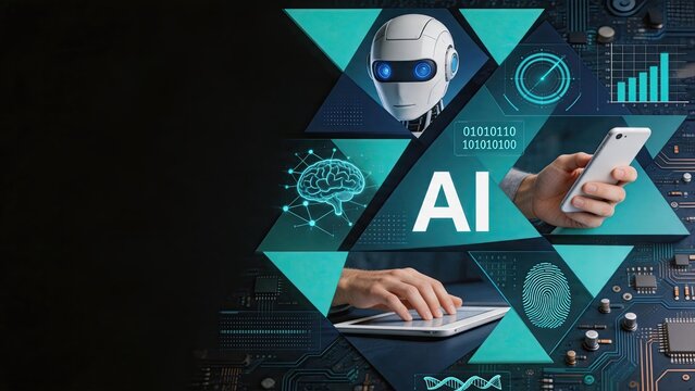 Artificial intelligence concept with robot head, digital brain and binary code, futuristic technology innovation for business automation and machine learning systems.