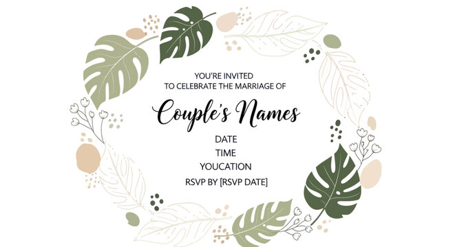 Wedding Invitation Wreath with Tropical Leaves and Floral Elements, Couple's Names Placeholder
