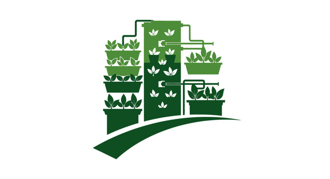Vertical hydroponic farming system with cannabis plants illustration.
