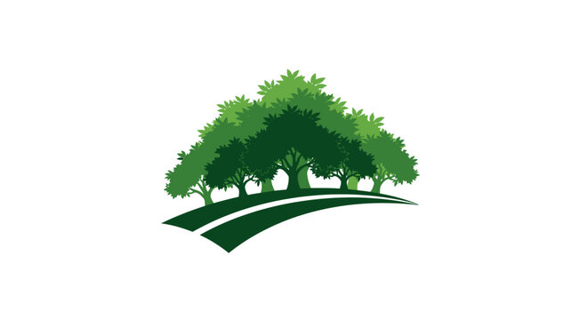 Lush green tree cluster with rolling landscape silhouette.