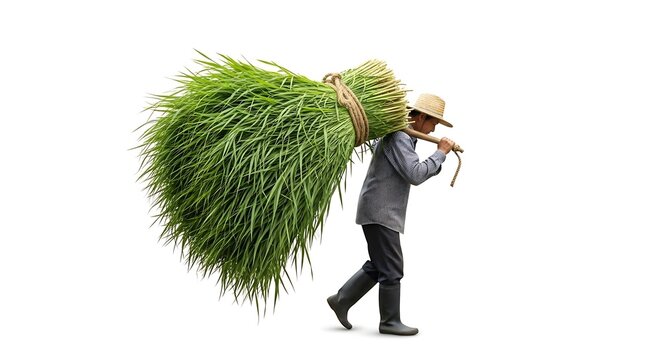 Asian farmer carrying heavy bundle of green grass