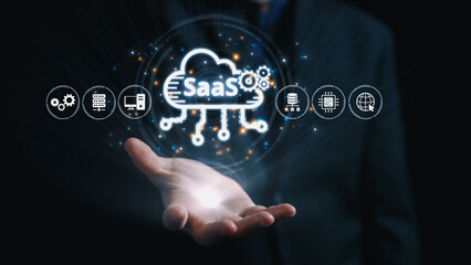 Fototapeta premium Visual representation of SaaS showing infrastructure, SaaS deployment, SaaS platform features, and SaaS integration model in digital environment. Elide