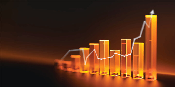 Stock market graph and chart showing financial growth on black background with business city skyline concept, upward trend line, and investment success visualization