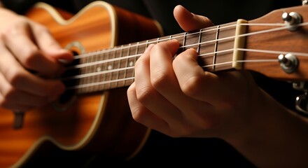 Obraz premium Close-up of Hands Playing a Wooden Ukulele in Low Light