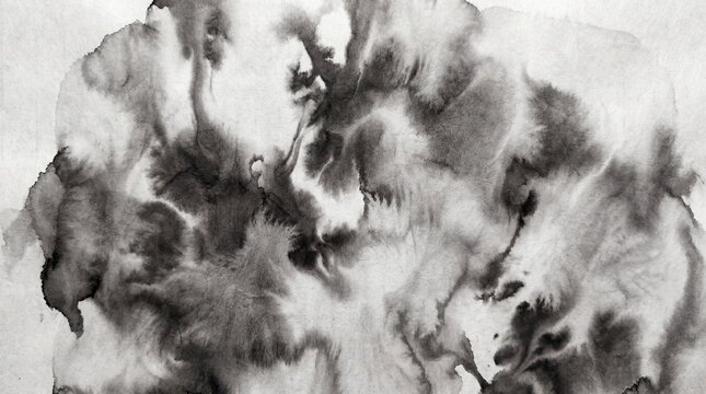 Ink wash painting features swirling black and grey clouds of pigment diffusing through white liquid.