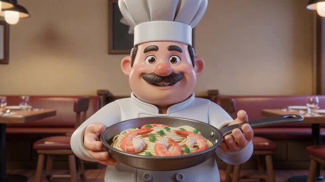 3D render of a cartoon chef character presenting a pan of shrimp pasta inside a modern restaurant interior